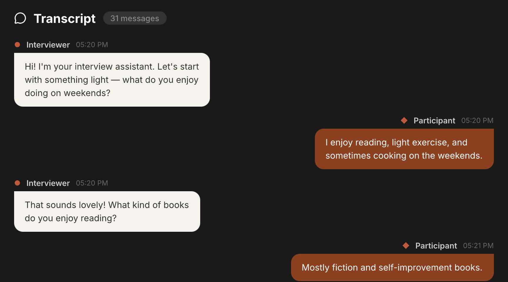 Delve transcript view — AI interviewer conversation with participant